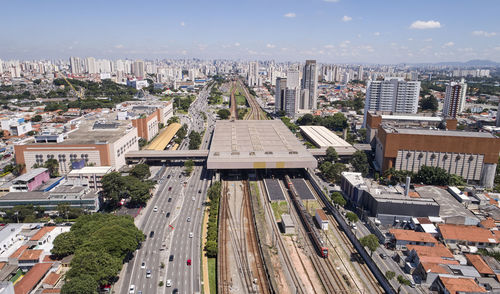 High angle view of street amidst buildings in city