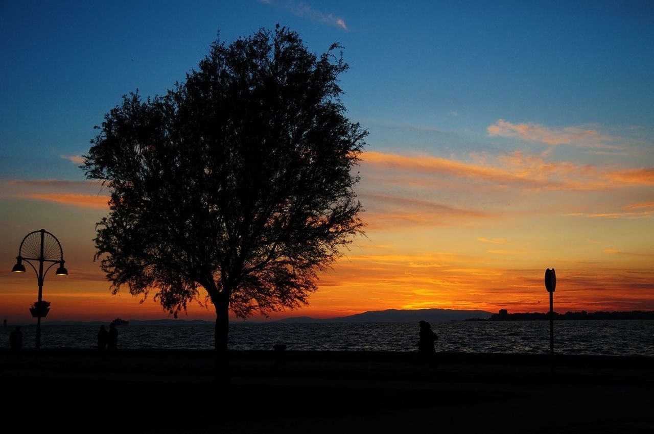 sunset, silhouette, orange color, scenics, sea, beauty in nature, sky, tranquility, tranquil scene, water, horizon over water, idyllic, nature, tree, beach, dramatic sky, majestic, cloud - sky, tourism, incidental people