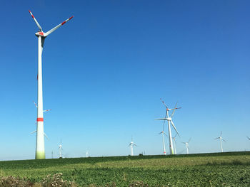 Windmill on field against clear blue sky