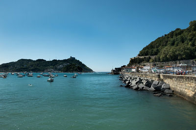 Scenic view of sea against clear blue sky