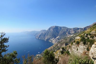 Scenic view of mountains against clear blue sky