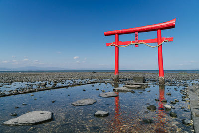 The floating torii gate of ouo shrine in ariake sea, tara town, saga prefecture, japan.