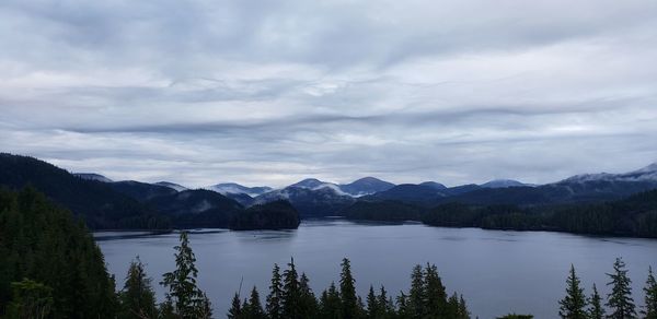 Scenic view of lake by mountains against sky