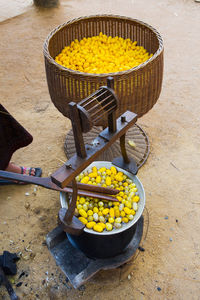 High angle view of vegetables in basket for sale