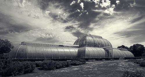 Plants growing on field in greenhouse against sky