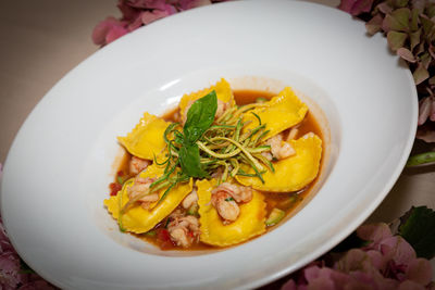 High angle view of meal served in bowl