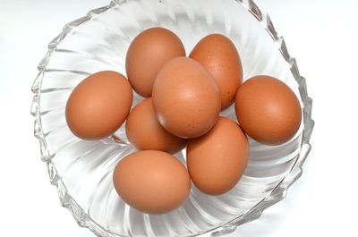 High angle view of eggs in basket