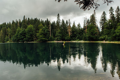 Reflection of trees in lake against sky