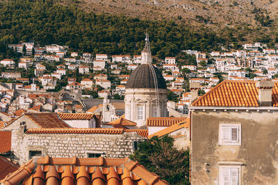 High angle view of buildings in city