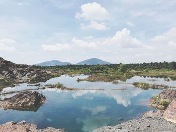 Scenic view of lake and mountains against sky