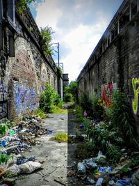 Garbage by built structure against sky