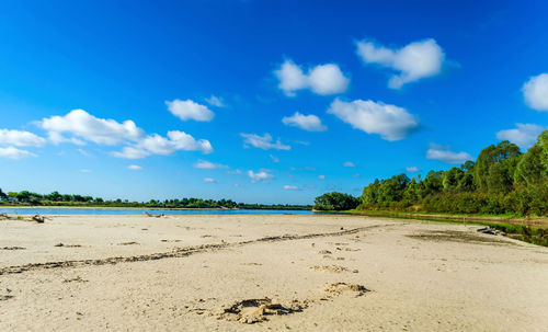 Scenic view of beach against blue sky