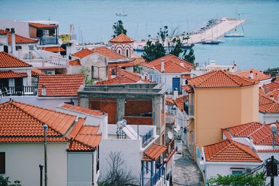 High angle view of houses in city