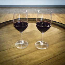 Close-up of wine glasses on table