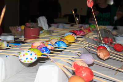 Close-up of multi colored candies on table