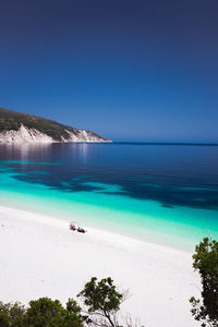 Scenic view of sea against clear blue sky