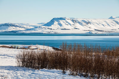 Scenic view of snowcapped mountains against clear sky