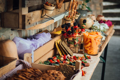 High angle view of fruits on table at market