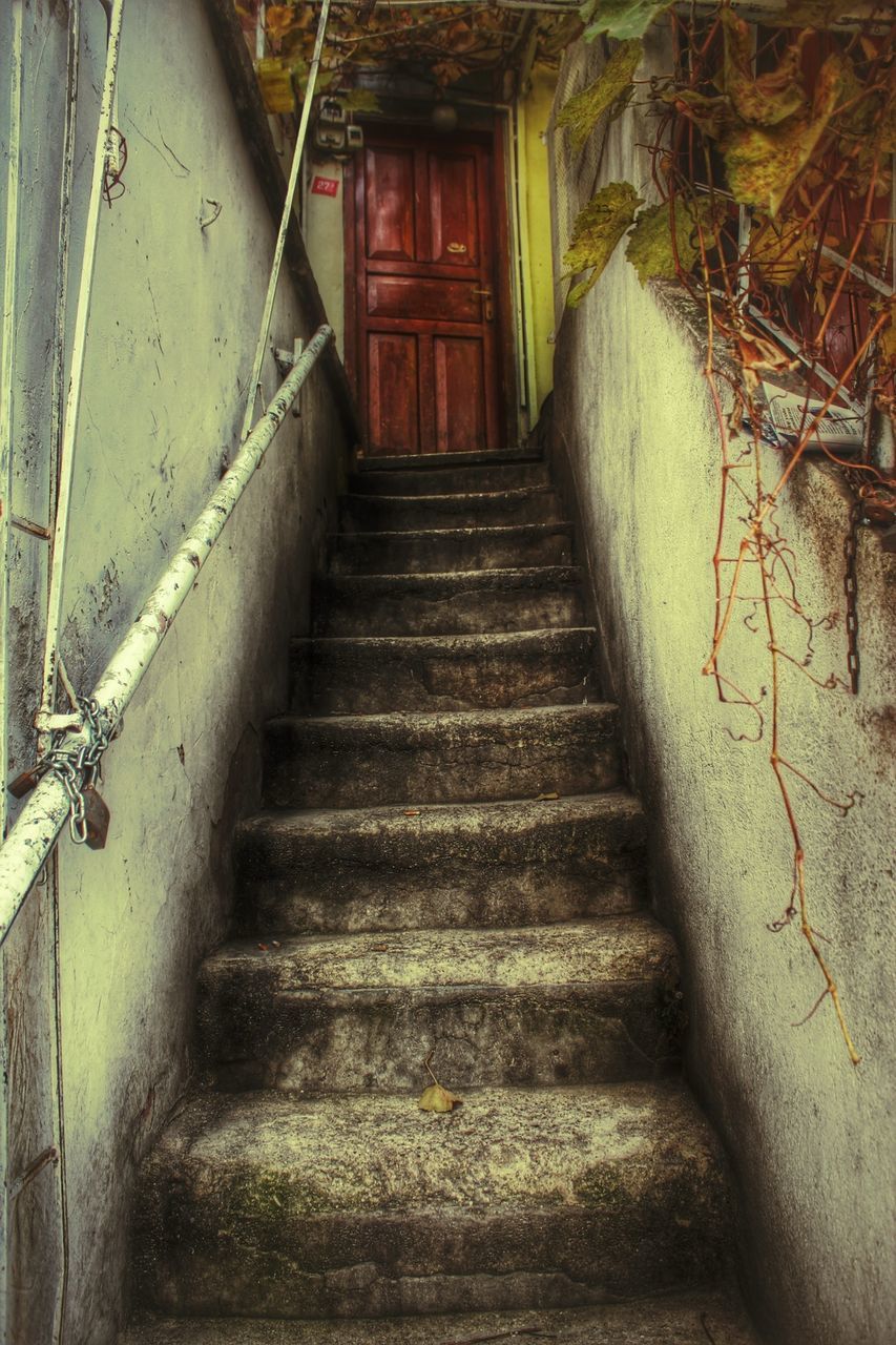 architecture, built structure, steps, the way forward, steps and staircases, staircase, building exterior, house, narrow, abandoned, old, building, railing, wall - building feature, residential structure, stairs, door, low angle view, damaged, weathered