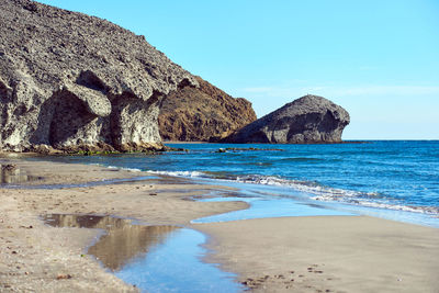 Scenic view of beach against clear blue sky