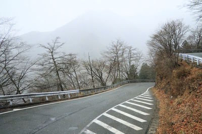 Road by trees in city against sky