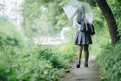 Woman with umbrella standing on rainy day