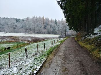 Road amidst trees against sky during winter