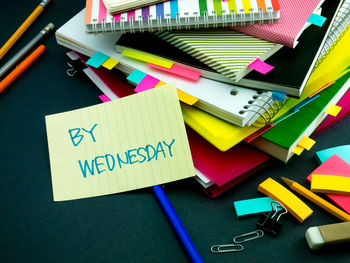 High angle view of text on paper with books at desk