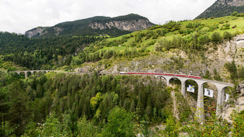 Train on bridge against mountains