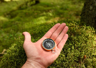 High angle view of hand holding ring on field