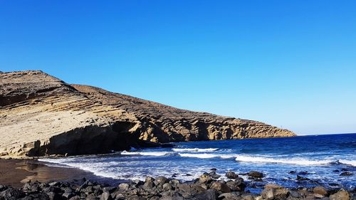 Rock formations by sea against clear blue sky