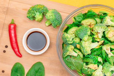 High angle view of chopped vegetables on table