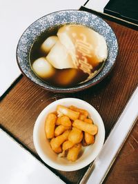 High angle view of dessert in plate on table