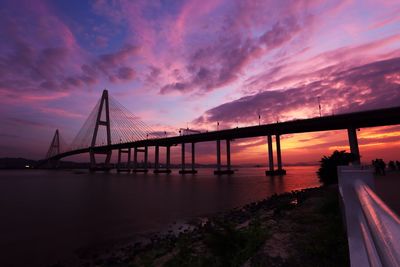 Bridge over river against cloudy sky during sunset