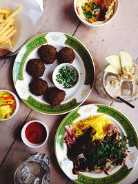 High angle view of fresh meal served in plate on table