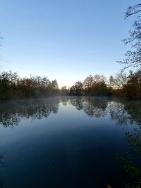 Scenic view of lake against clear blue sky
