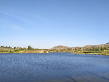 Scenic view of lake against clear blue sky