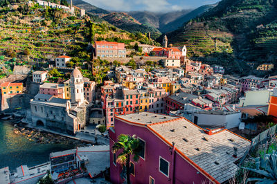 High angle view of houses in town