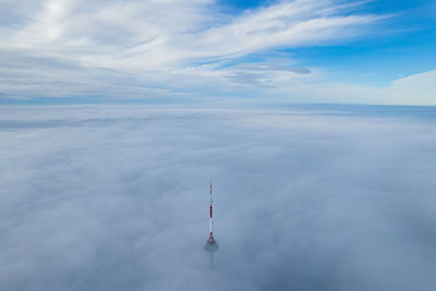 Aerial autumn beautiful morning fog view of vilnius tv tower, lithuania