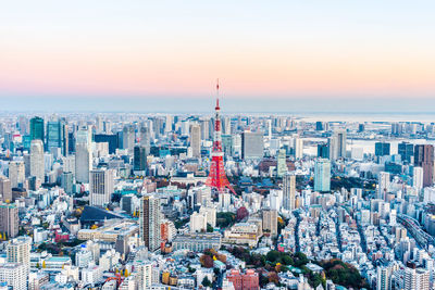 High angle view of cityscape against sky during sunset