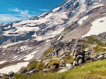 Scenic view of snowcapped mountains against sky
