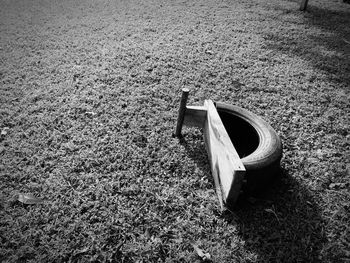 High angle view of abandoned boat on field