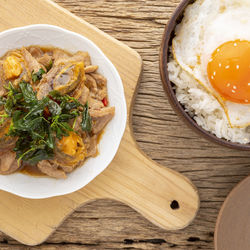 High angle view of breakfast served on table