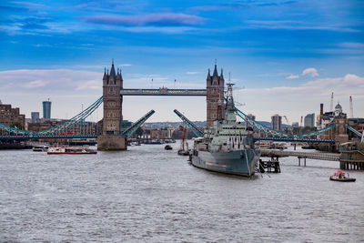 View of suspension bridge over river