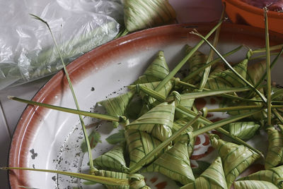 High angle view of leaves in container