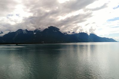 Scenic view of lake and mountains against sky