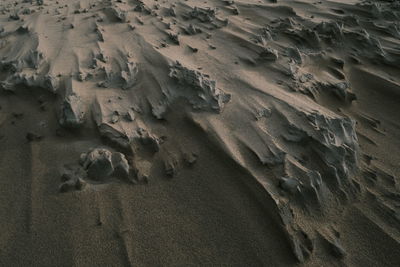 High angle view of footprints on sand at beach