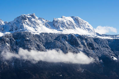 Scenic view of snowcapped mountains against clear blue sky