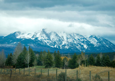 Scenic view of snowcapped mountains against sky