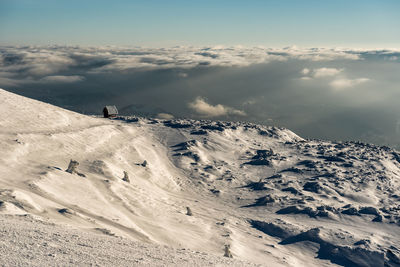 Scenic view of snow covered mountains against sky